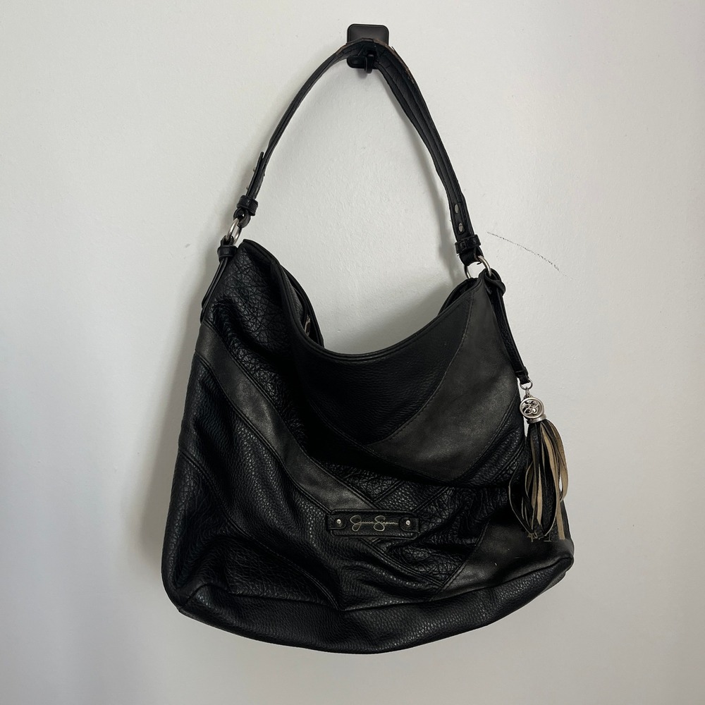 Jessica Simpson Black Leather Hobo Shoulder Bag Leopard Print Everyday Purse